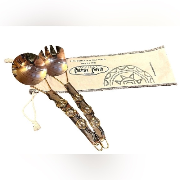NEW Creative Cooper Handmade Copper and Brass Spoon & Fork Serving Deco Set OOAK - Picture 1 of 9